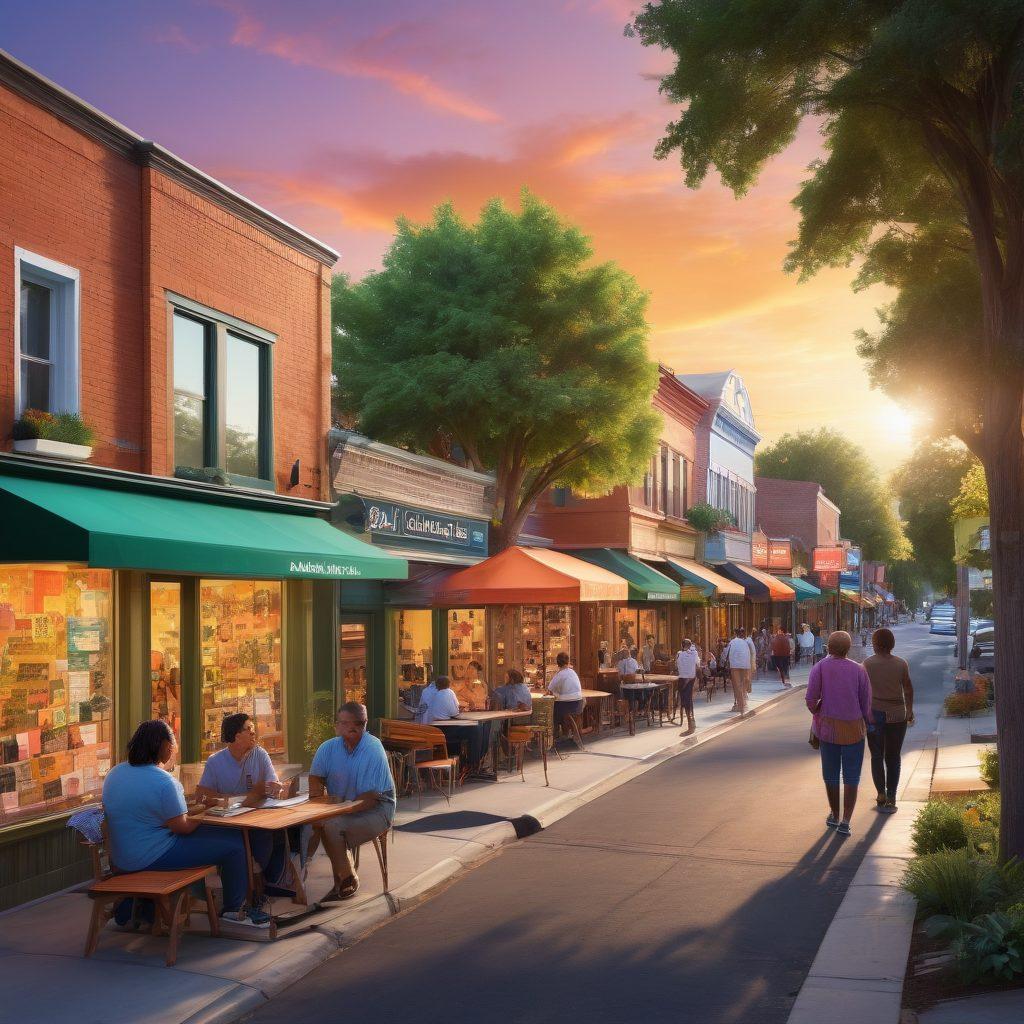A vibrant community street scene filled with diverse people engaging in discussions, writing notes, and sharing ideas. Incorporate a backdrop of colorful local businesses, trees, and community boards filled with flyers. Include a warm sun setting in the background, casting golden light on the interactions, symbolizing collaboration and creativity. super-realistic. vibrant colors. 3D.