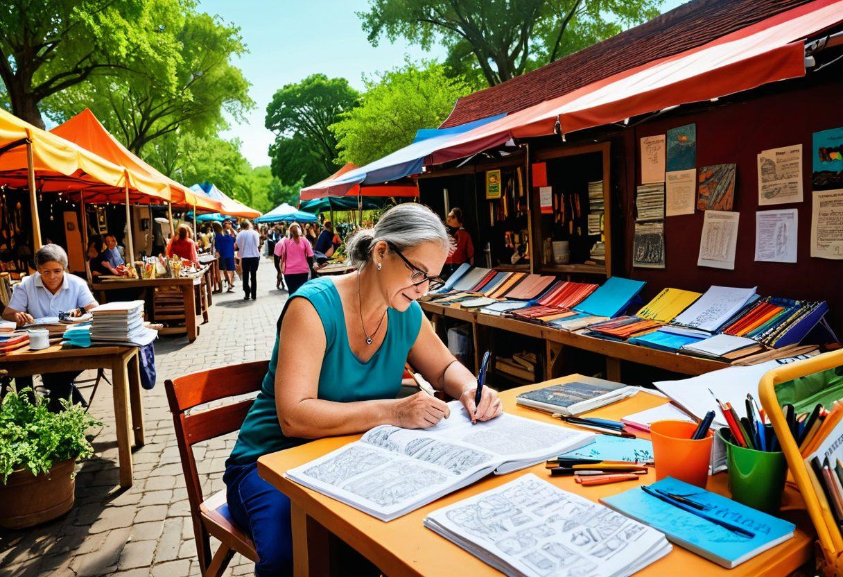 An artisan writer surrounded by colorful tools of creativity, like pencils and paper, while immersed in vibrant local scenes, such as a bustling market or a serene park. The writer is engaged with a diverse group of local residents, showcasing collaboration and community. Bright colors and dynamic expressions cast a feeling of connection and engagement, emphasizing the essence of local storytelling. vector art. vibrant colors. dynamic composition.